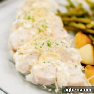 Creamy garlic chicken with green beans, potatoes, and creamy garlic sauce