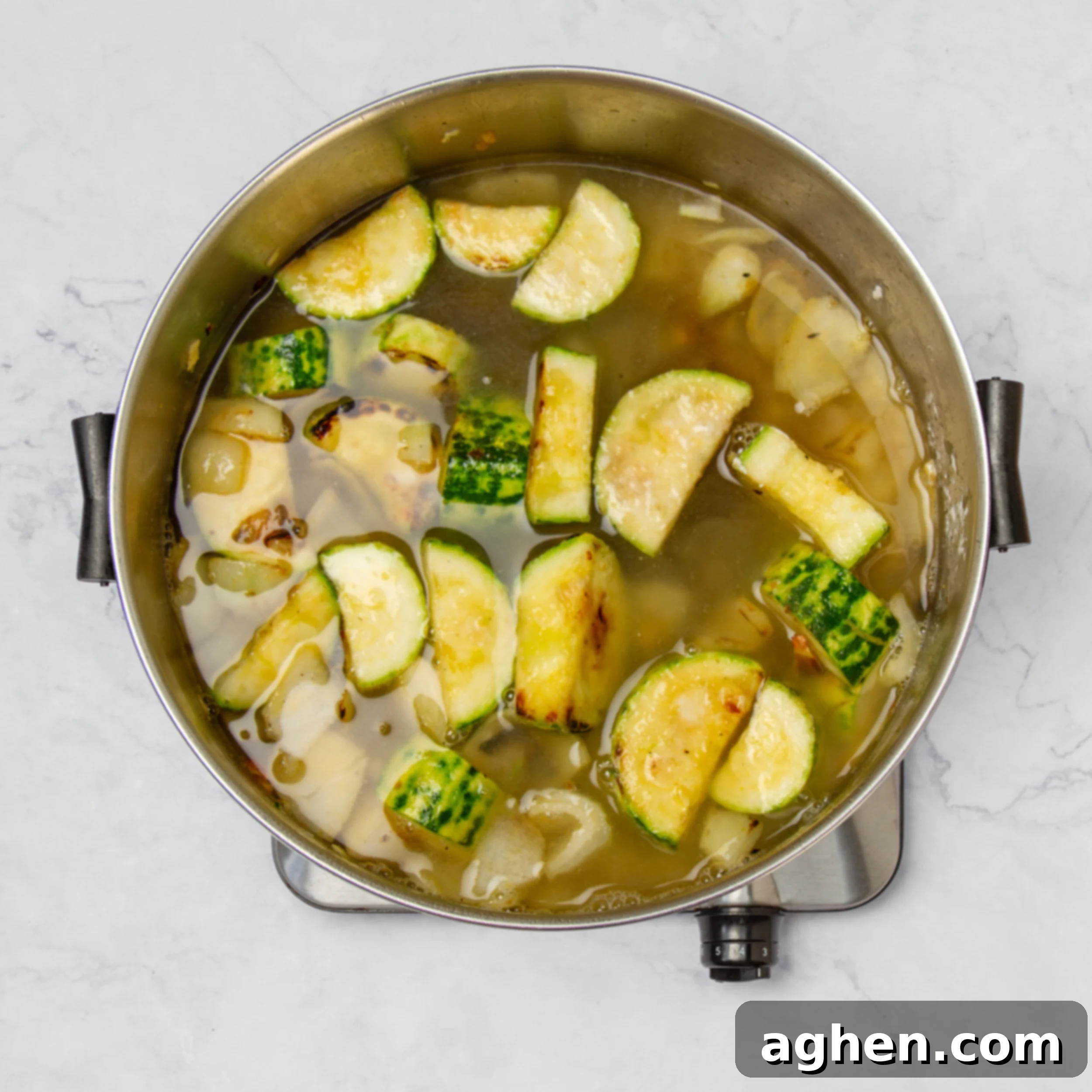 Light Zucchini Cream Soup: A Fun Fresh Spin 6 Sauteed vegetables simmering in broth.