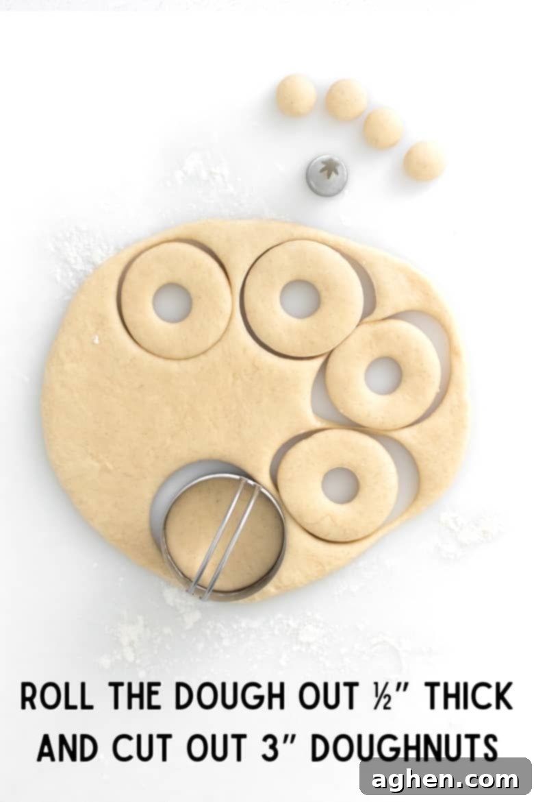 dough rolled out on floured surface and a cookie cutter cutting it into 3 inch circles with hole in the middle