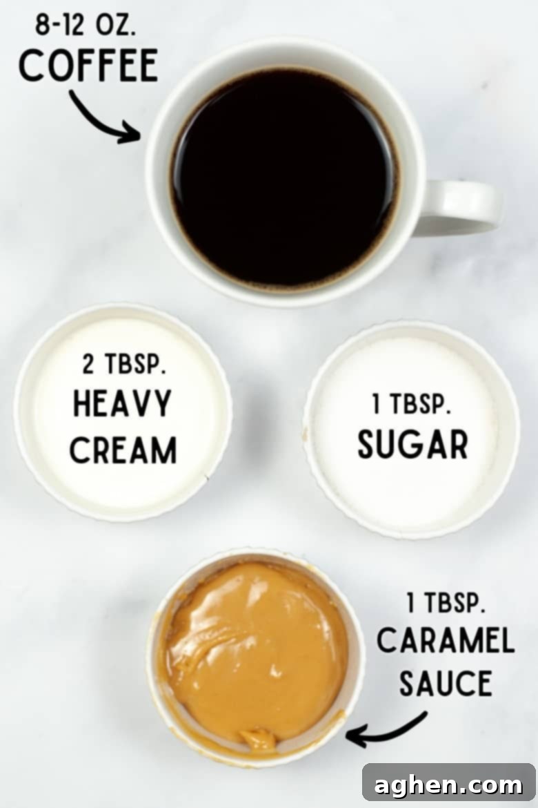 8-12 oz coffee, 1 tbsp heavy cream, 1 tbsp sugar, 1 tbsp caramel sauce
