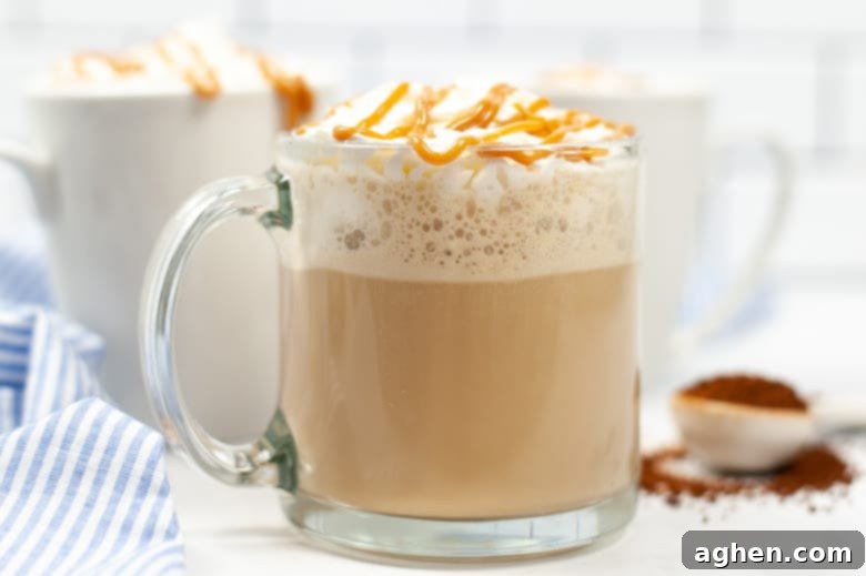 homemade caramel macchiato coffee in a transparent mug
