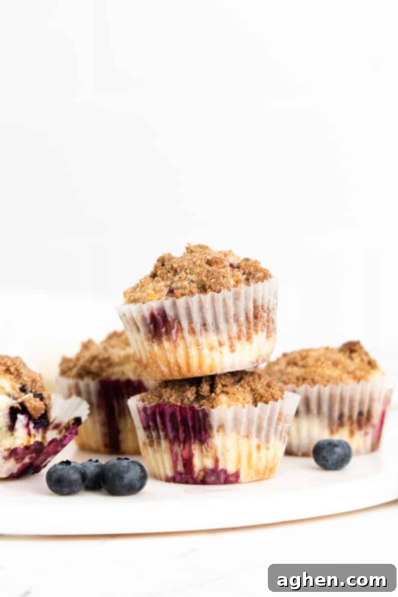 Zesty Lemon Blueberry Crumble Muffins 2 Lemon blueberry muffins with streusel topping on a serving platter with fresh blueberries. Two muffins are stacked on top of one another.