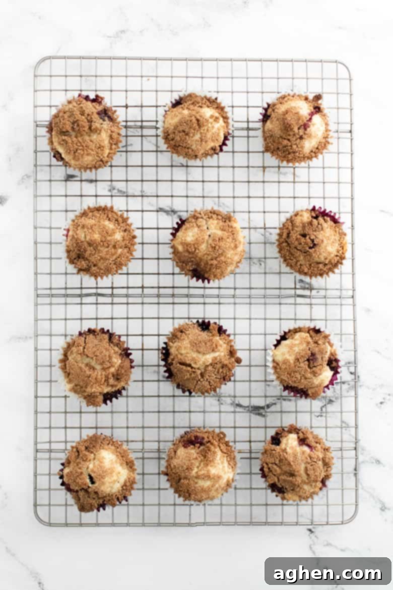 Zesty Lemon Blueberry Crumble Muffins 9 Muffins with cinnamon streusel topping on cooling rack.