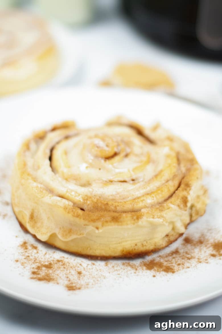 Cinnabon made in the air fryer topped with frosting and cinnamon - delicious breakfast