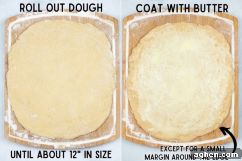 Roll out cinnamon roll dough and coat with butter and cinnamon sugar