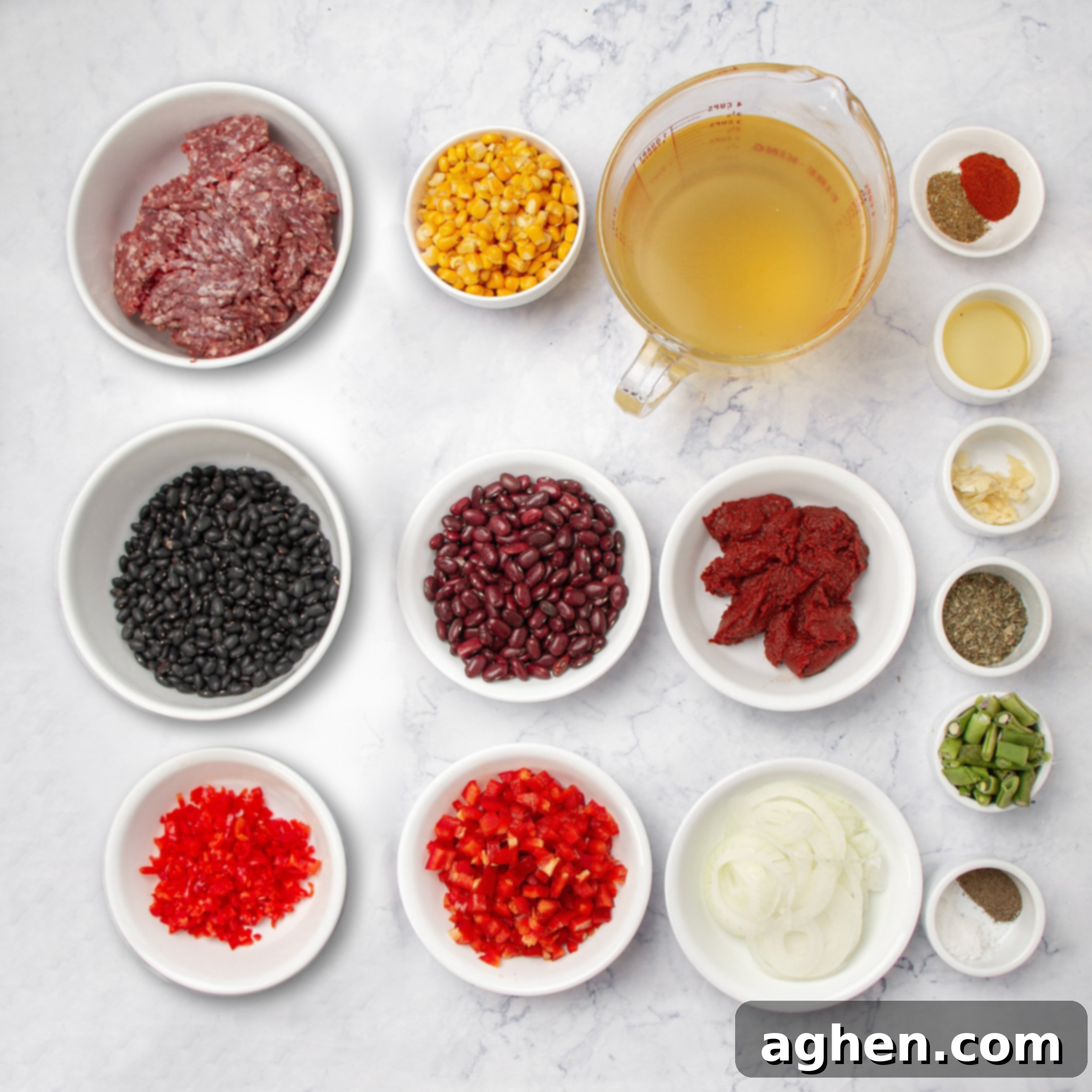 Cowboy Casserole Soup ingredients in separate dishes on a counter. 