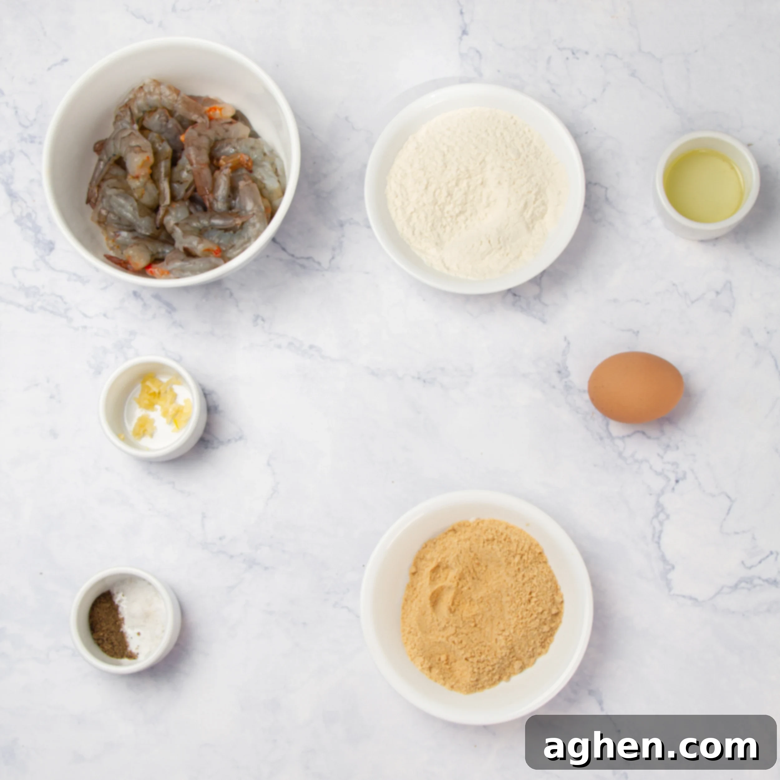 Perfectly Crispy Air Fryer Shrimp 3 Air fryer shrimp ingredients in separate dishes.