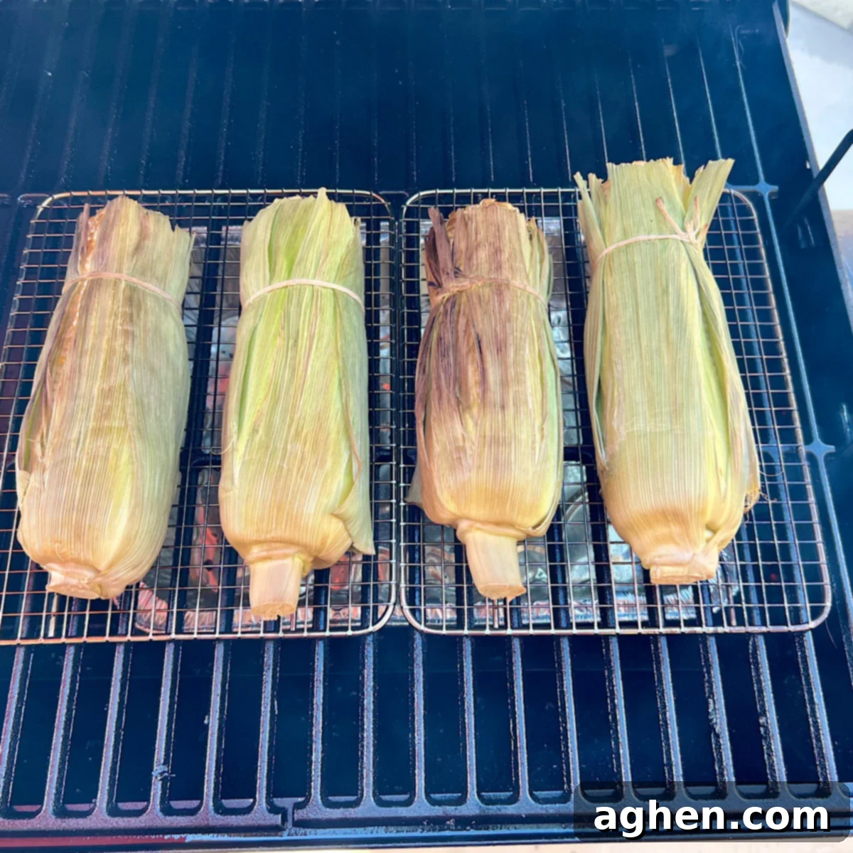 Smoked Corn: The Taste of Summer 9 smoking corn on the cob on grill grate