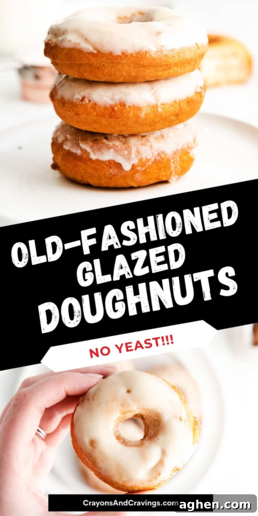 A stunning visual of Old Fashioned Glazed Doughnuts, emphasizing their appeal for easy, no-yeast baking, perfect for breakfast or dessert. Ideal for Pinterest.