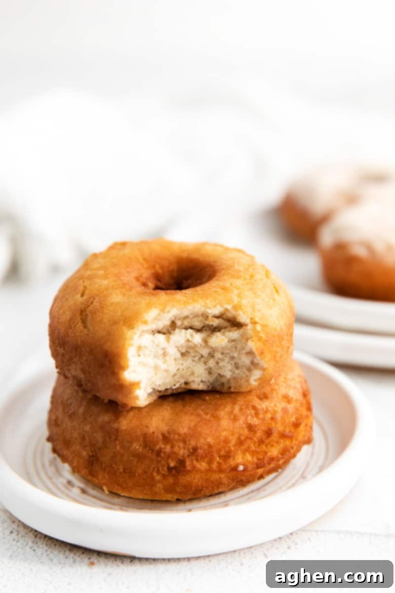 Two old-fashioned doughnuts on a plate, one with a bite taken out of it to expose the soft, cake-like and flavorful inside.