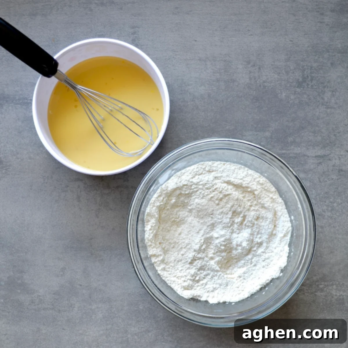 Guilt-Free Honey Muffins 4 Separated wet and dry ingredients in bowls for honey muffin batter