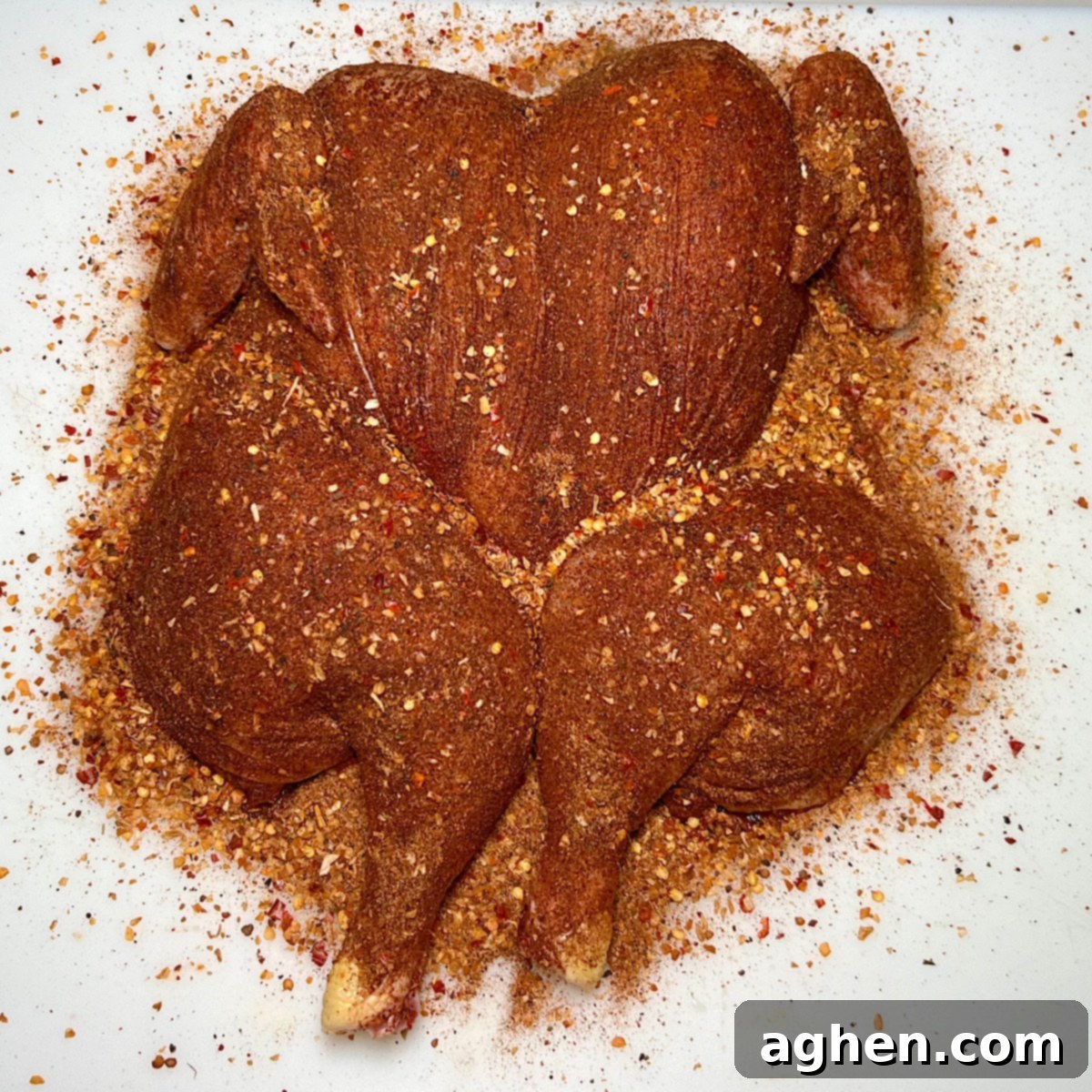 Close-up of a whole spatchcock chicken, fully seasoned with rub, highlighting the even application and prepared texture.