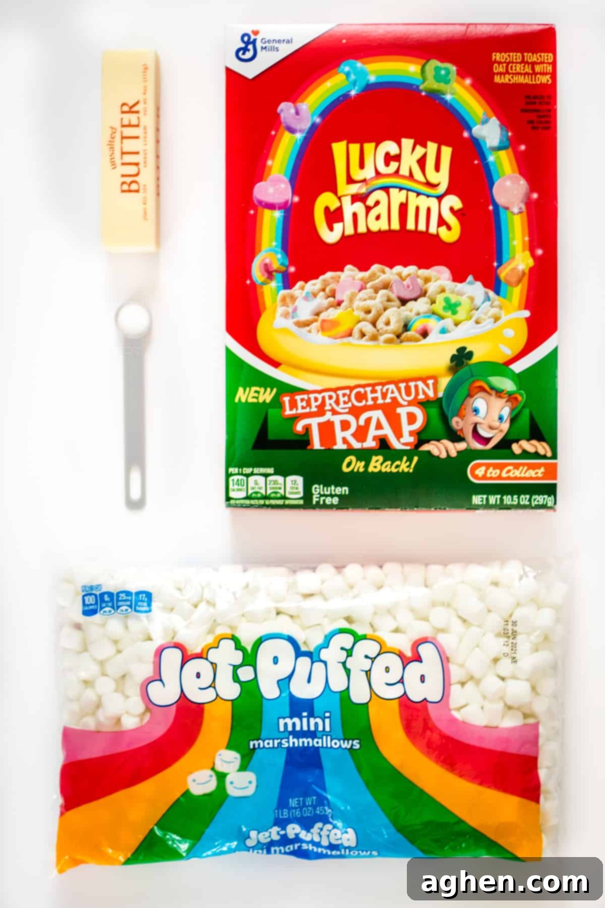 Stick of unsalted butter, half teaspoon of salt, 10.5 ounce box of Lucky Charms cereal, 16 ounce bag of mini marshmallows