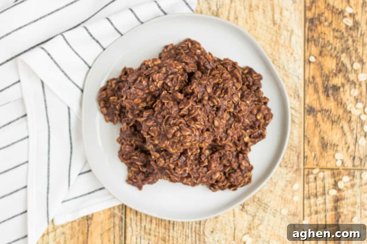 Chocolate peanut butter no bake oatmeal cookies on a white plate.