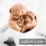 Chocolate ice cream scooped into a white waffle-cone shaped bowl