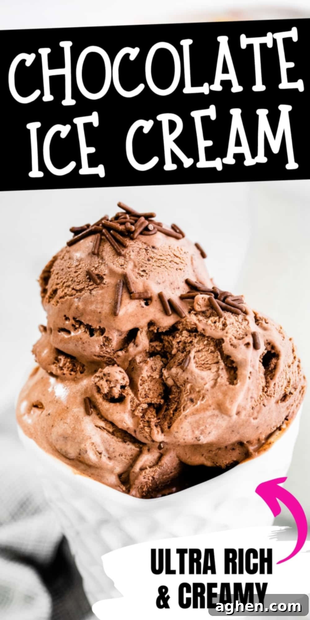 Pinterest image, reads: Chocolate Ice Cream, ultra smooth & creamy