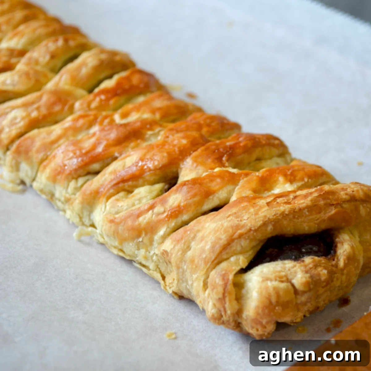 Chocolate Banana Puff Braid 7 Close-up of baked puff pastry with chocolate