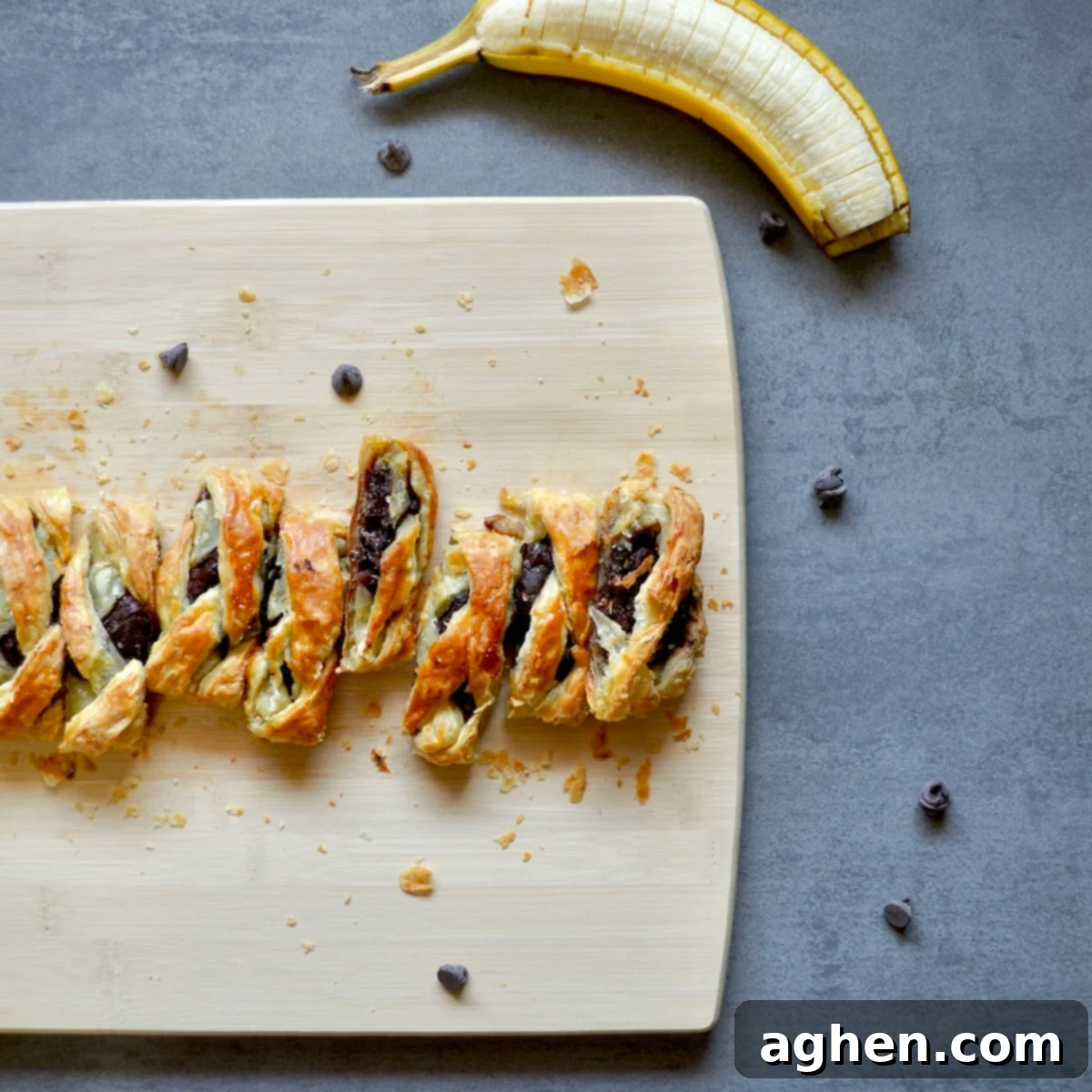 Chocolate Banana Puff Braid 8 Puff pastry on a cutting board