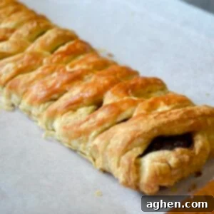 Chocolate Banana Puff Braid 10 Close-up of baked puff pastry with chocolate