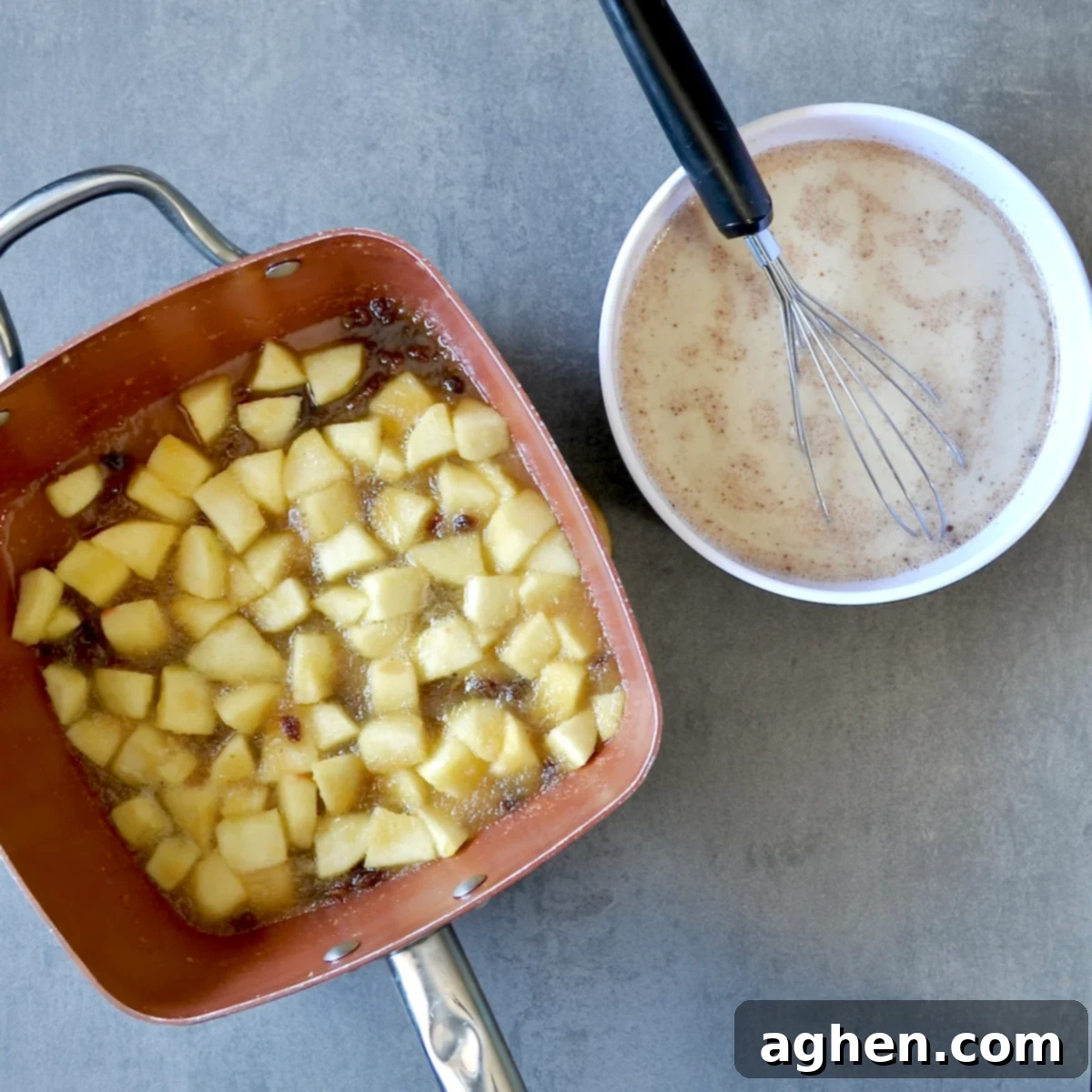 Sautéed apples with raisins and a bowl of custard mixture for bread pudding