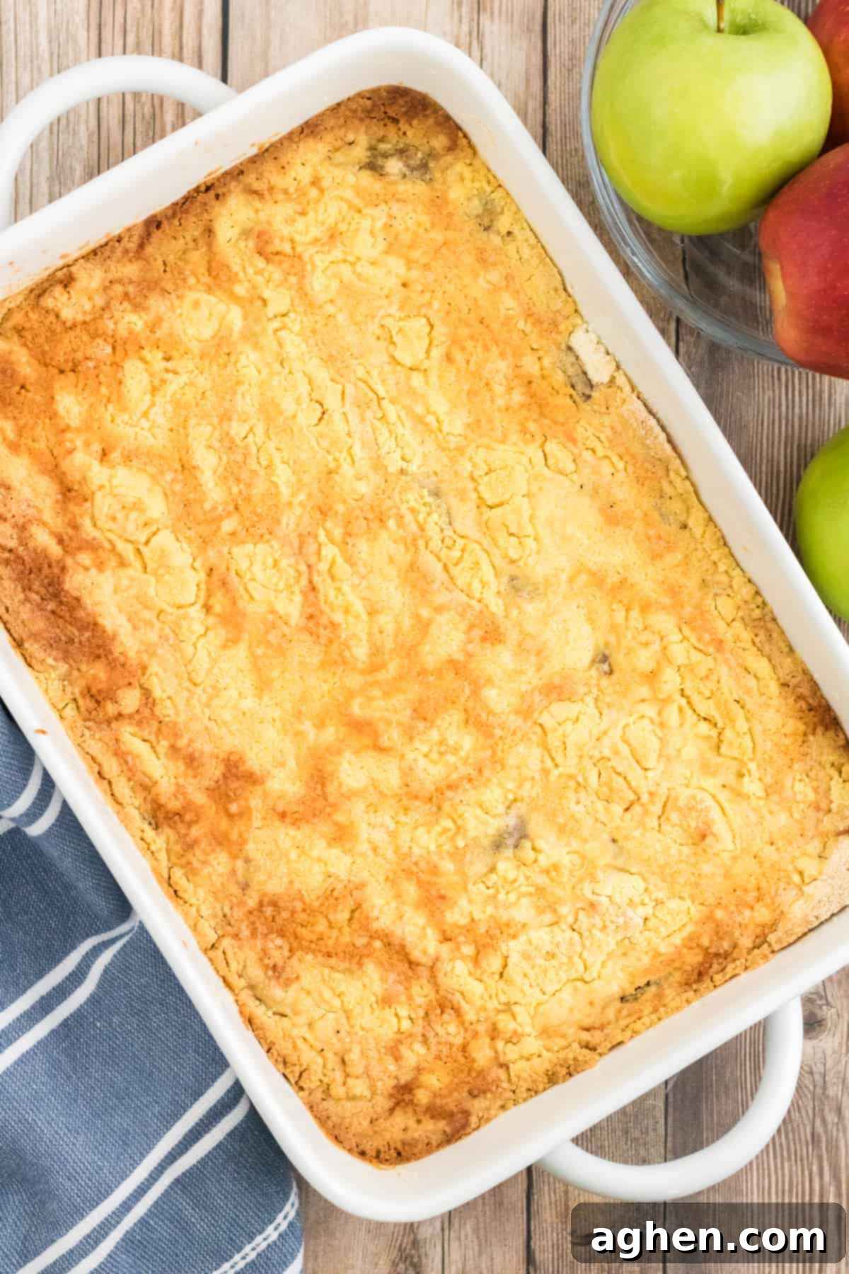 Apple Dump Cake in white 9 x 13 casserole dish.