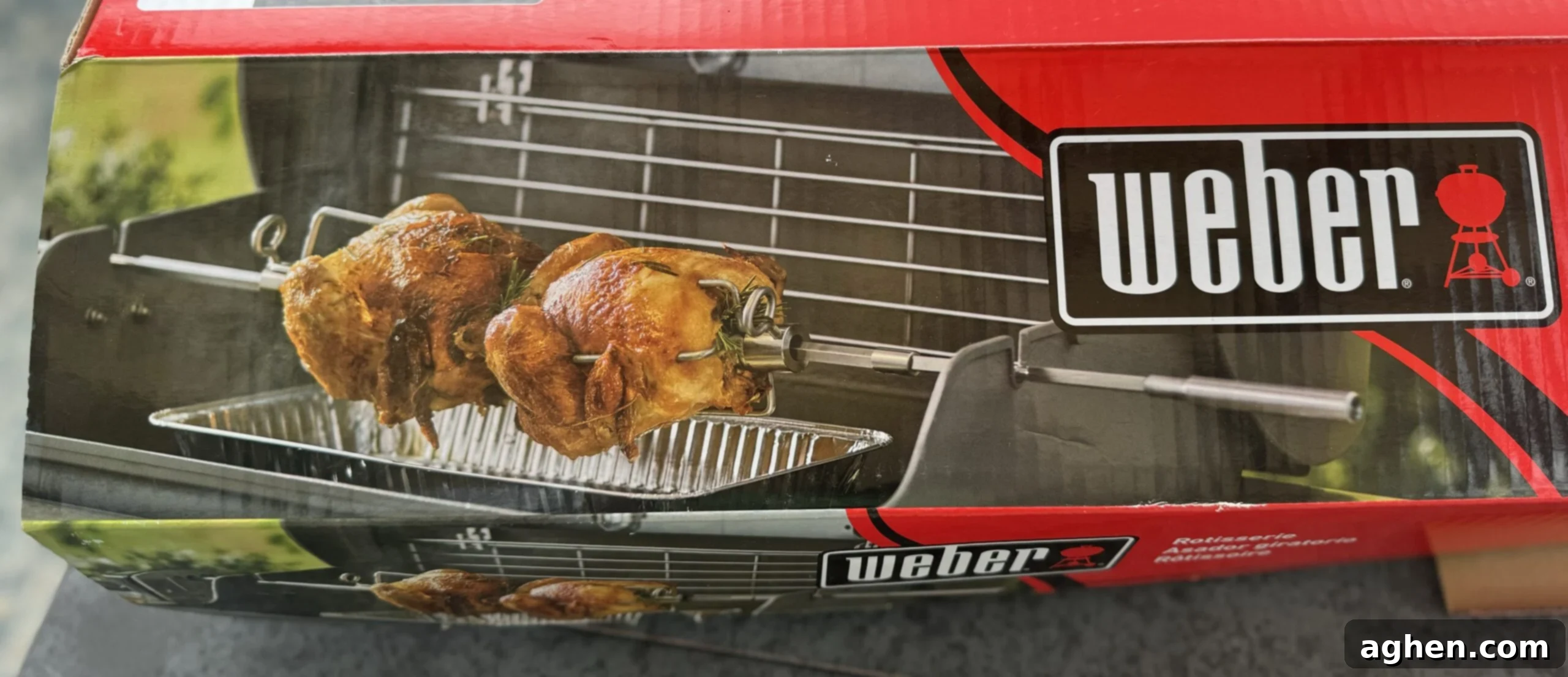 A whole turkey roasting to perfection on a Weber grill rotisserie, showing crispy golden-brown skin and even cooking.