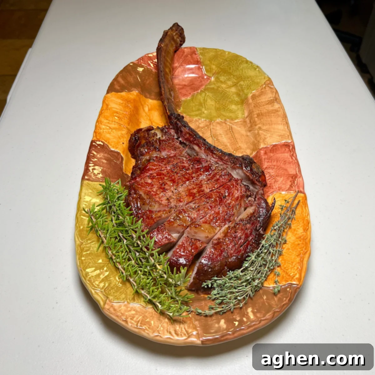 Exquisitely sliced, perfectly grilled tomahawk steak resting on a tray, ready to be served.
