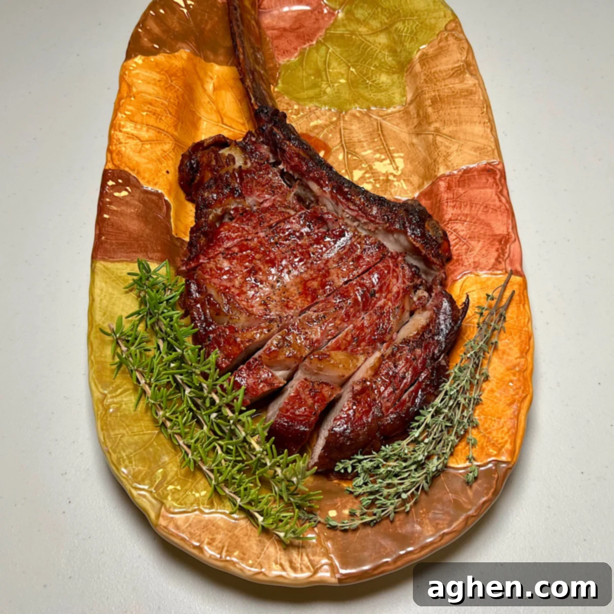 Beautifully sliced tomahawk steak arranged on a tray, highlighting its juicy interior.