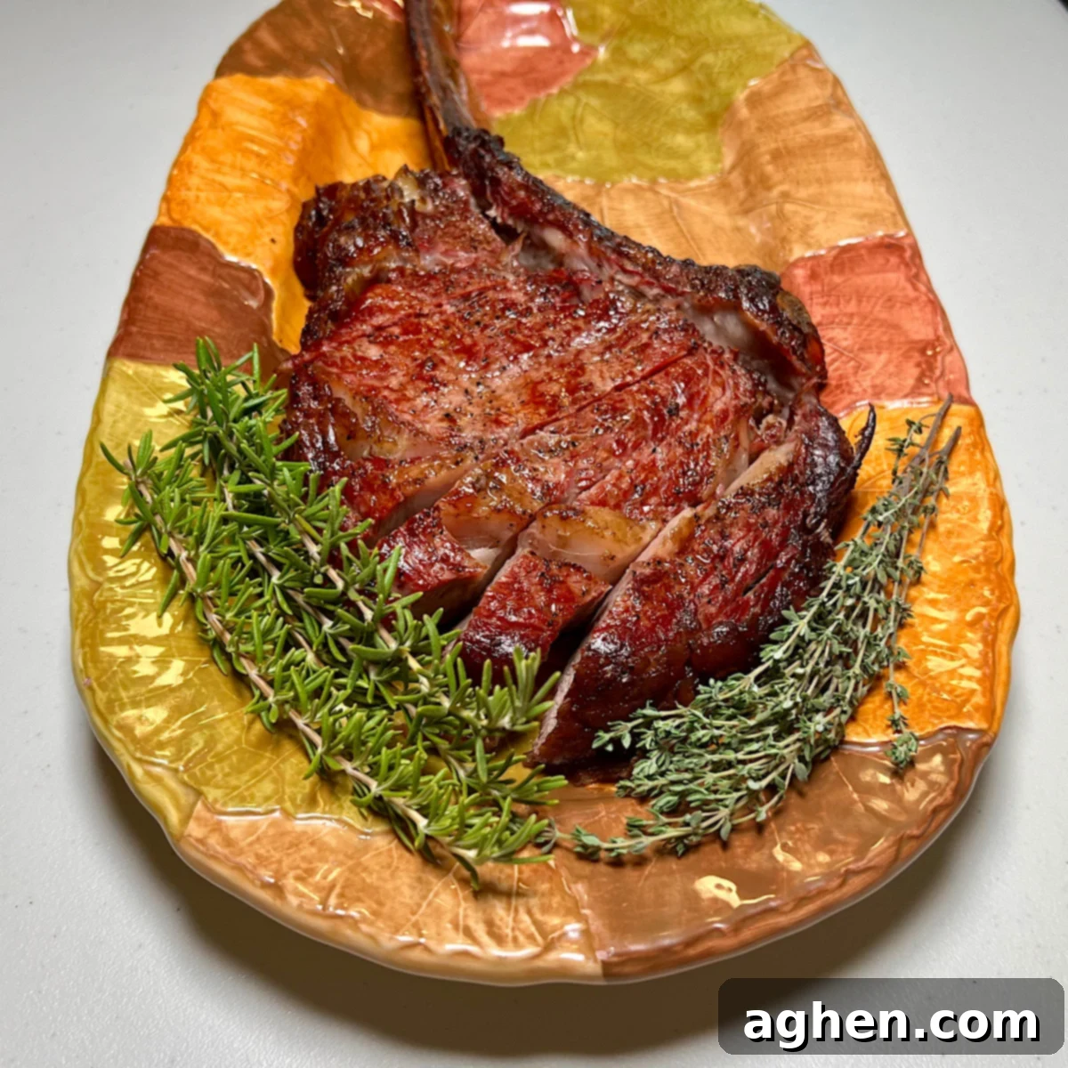 Beautifully arranged sliced tomahawk steak on a serving tray, garnished and ready to enjoy.