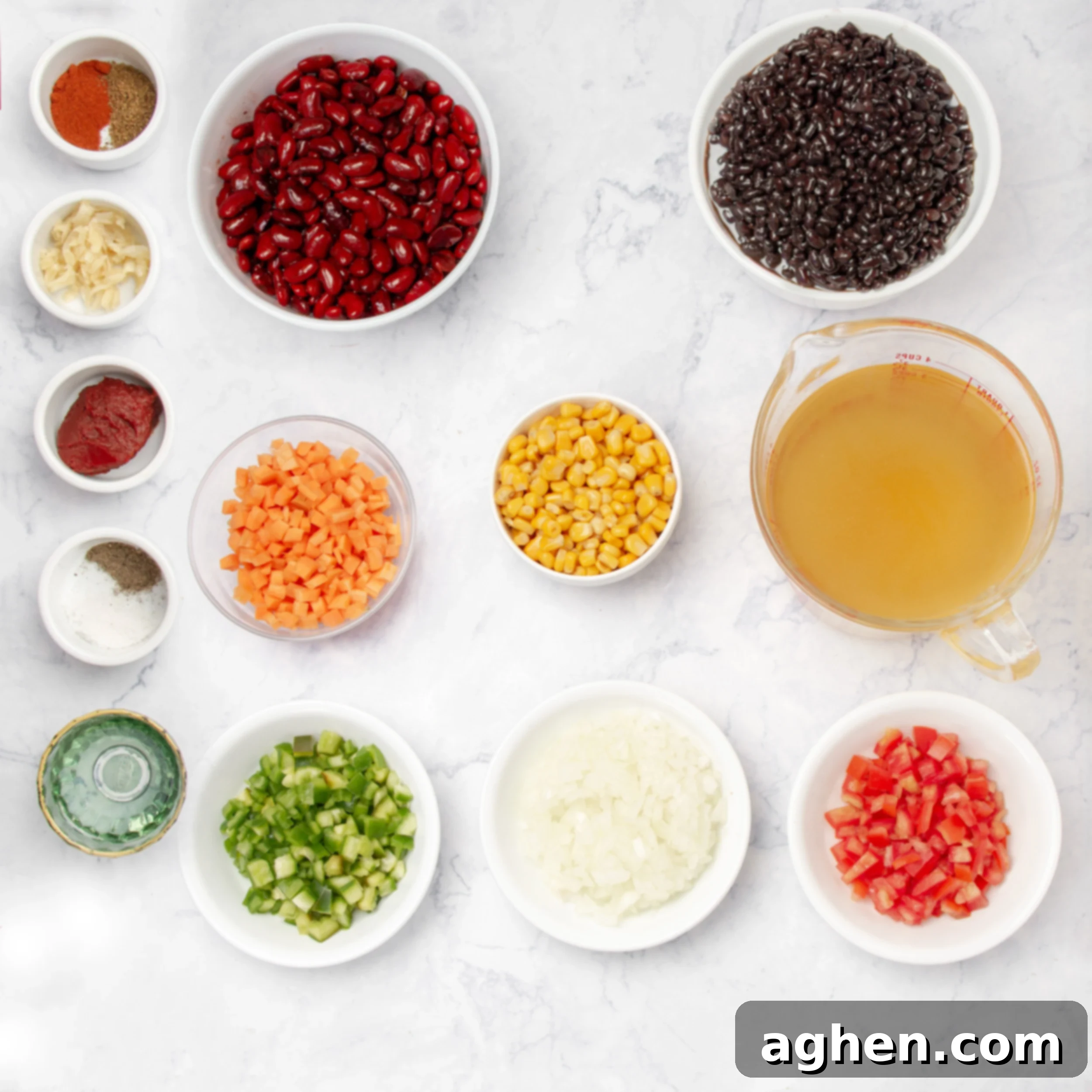 Hearty Instant Pot Vegan Chili 3 Vegan chili ingredients in separate dishes.