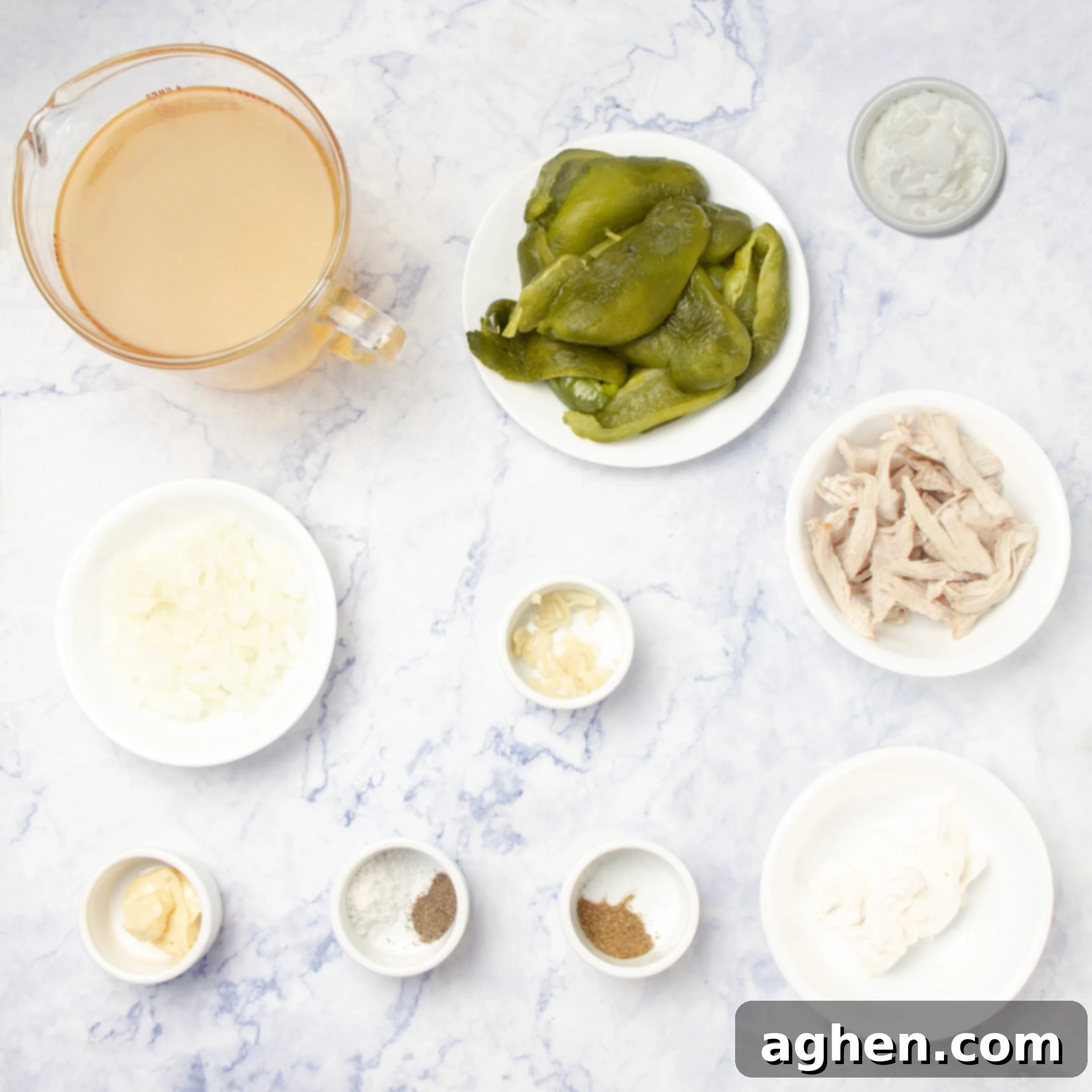 Chile Relleno Soup ingredients in separate dishes. 