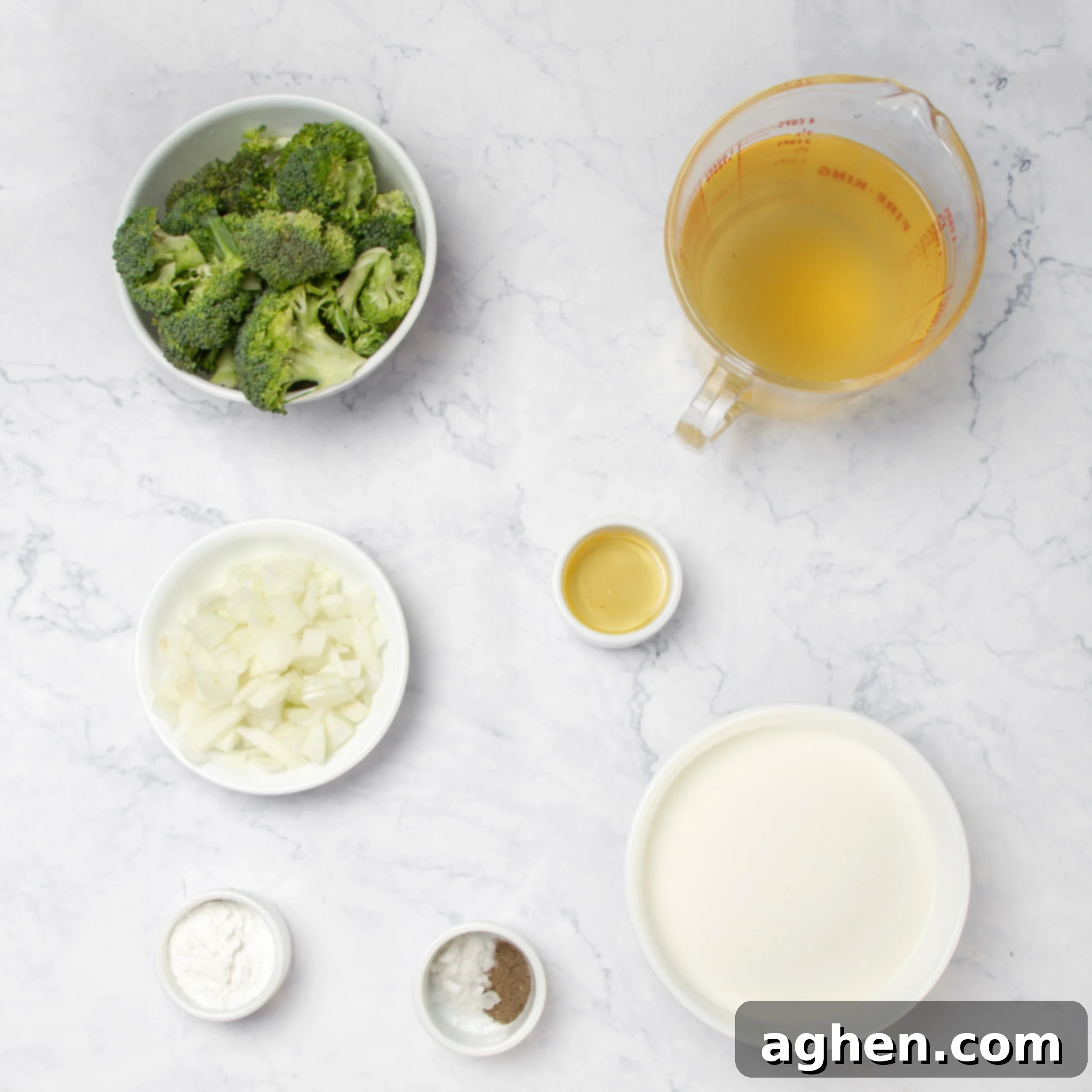 Broccoli Cream ingredients in separate dishes. 