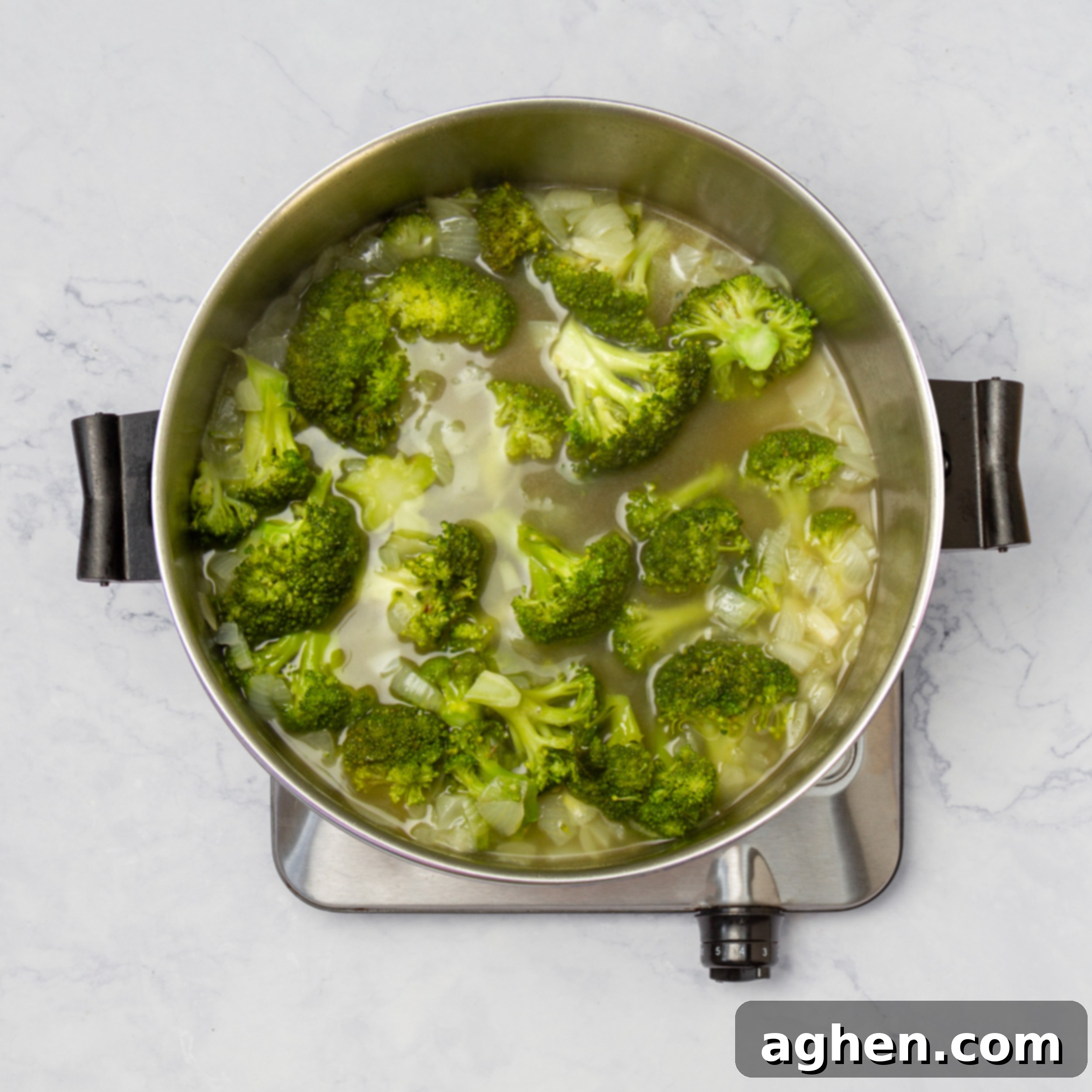 Sauteed vegetables simmering in broth. 