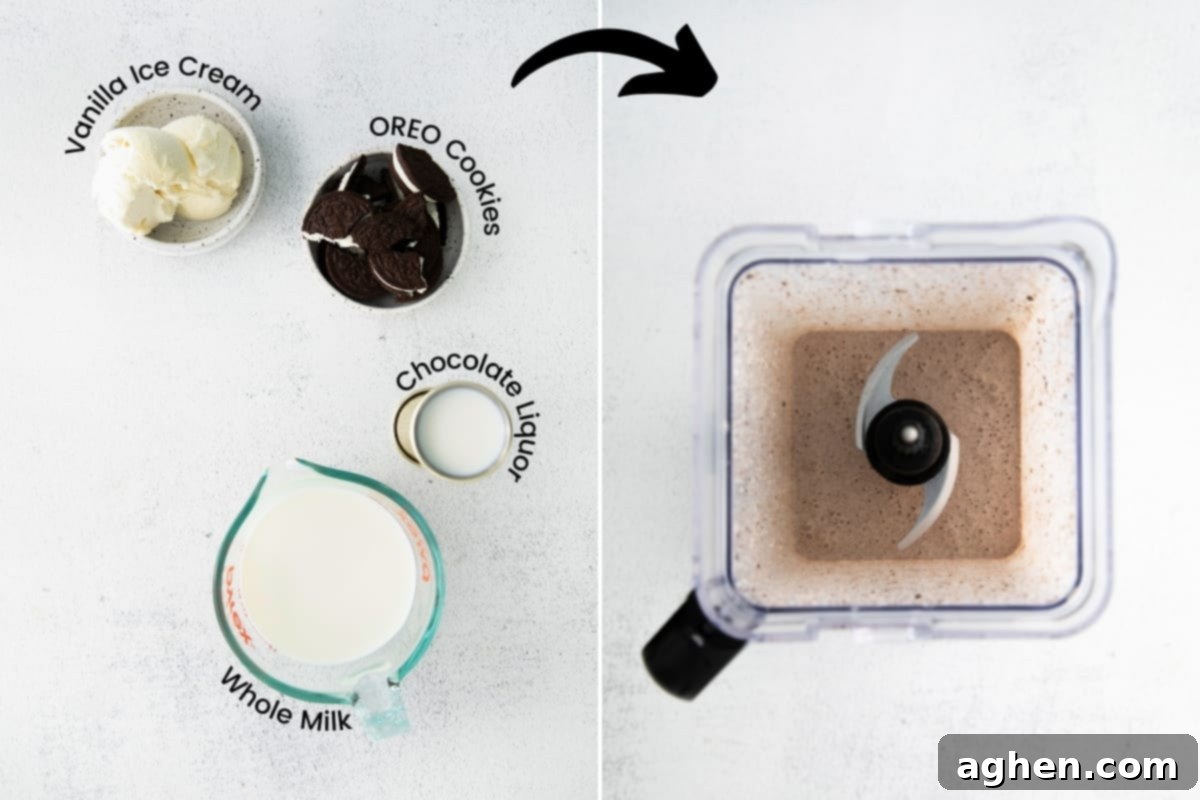Two-part collage image: On the left, essential ingredients for the boozy milkshake (vanilla ice cream, OREO cookies, chocolate liqueur, and whole milk) are laid out. On the right, these ingredients are being blended in a high-speed blender.