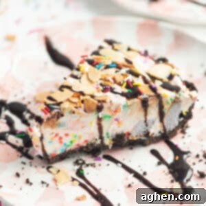 Frozen Dream Pie 13 Slice of ice cream pie drizzled with chocolate sauce and topped with sprinkles and sliced almonds