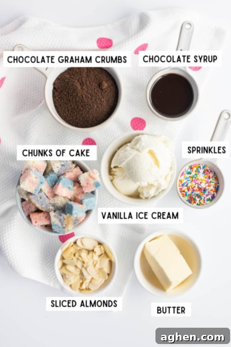 Frozen Dream Pie 4 Ice cream pie ingredients: chocolate graham crumbs, chocolate sauce, chunks of cake, vanilla ice cream, rainbow sprinkles, sliced almonds, and butter