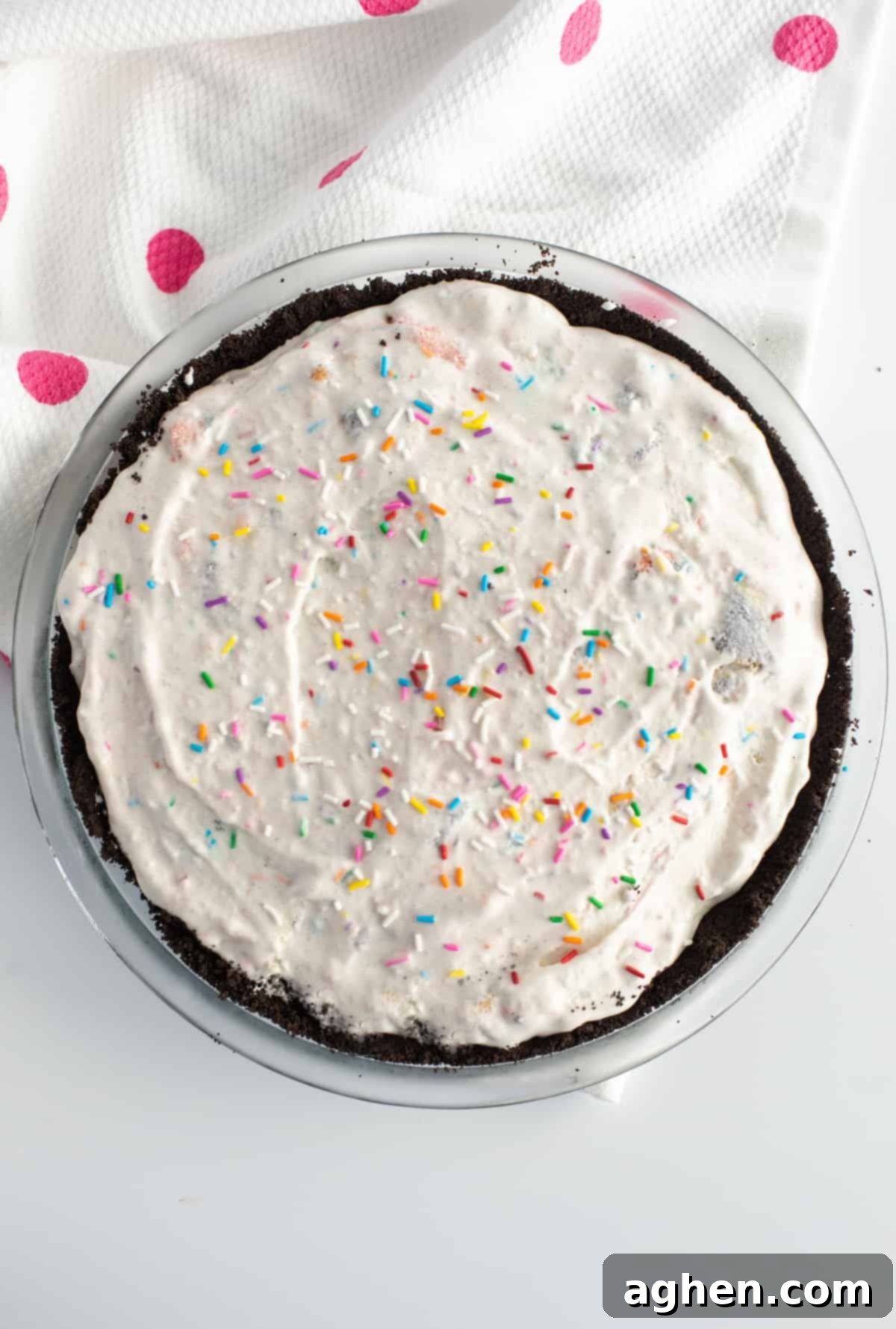 Frozen Dream Pie 8 Top down view of ice cream pie with chocolate crust