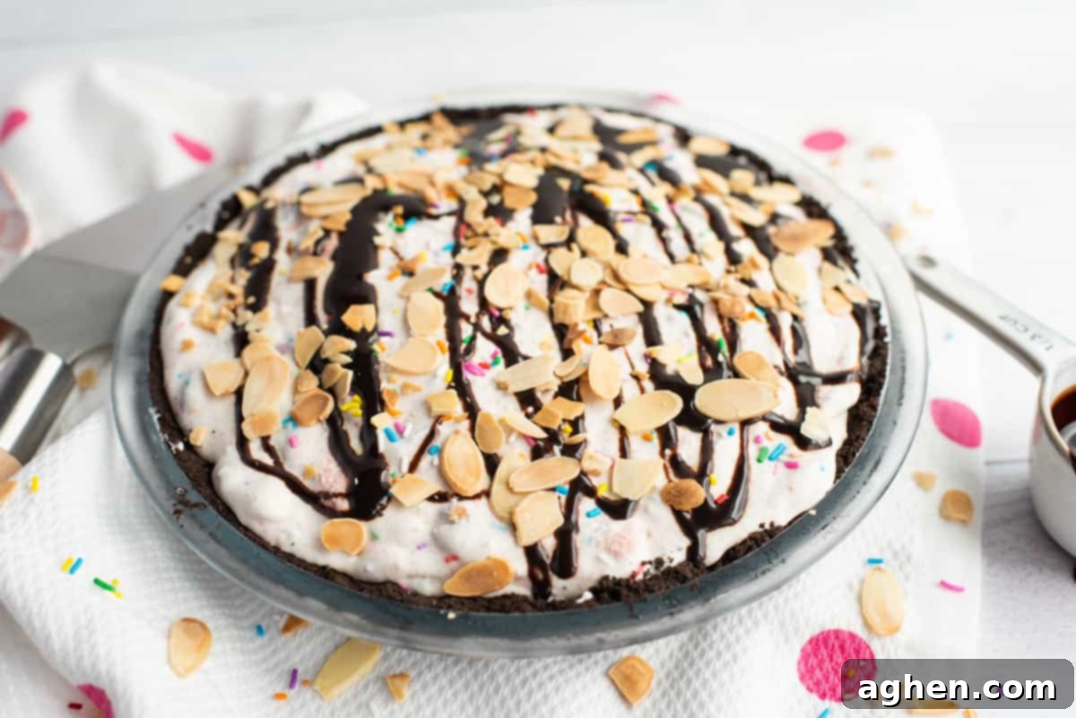 Frozen Dream Pie 10 Pie topped with ice cream sundae toppings: sprinkles, chocolate sauce, and sliced almonds