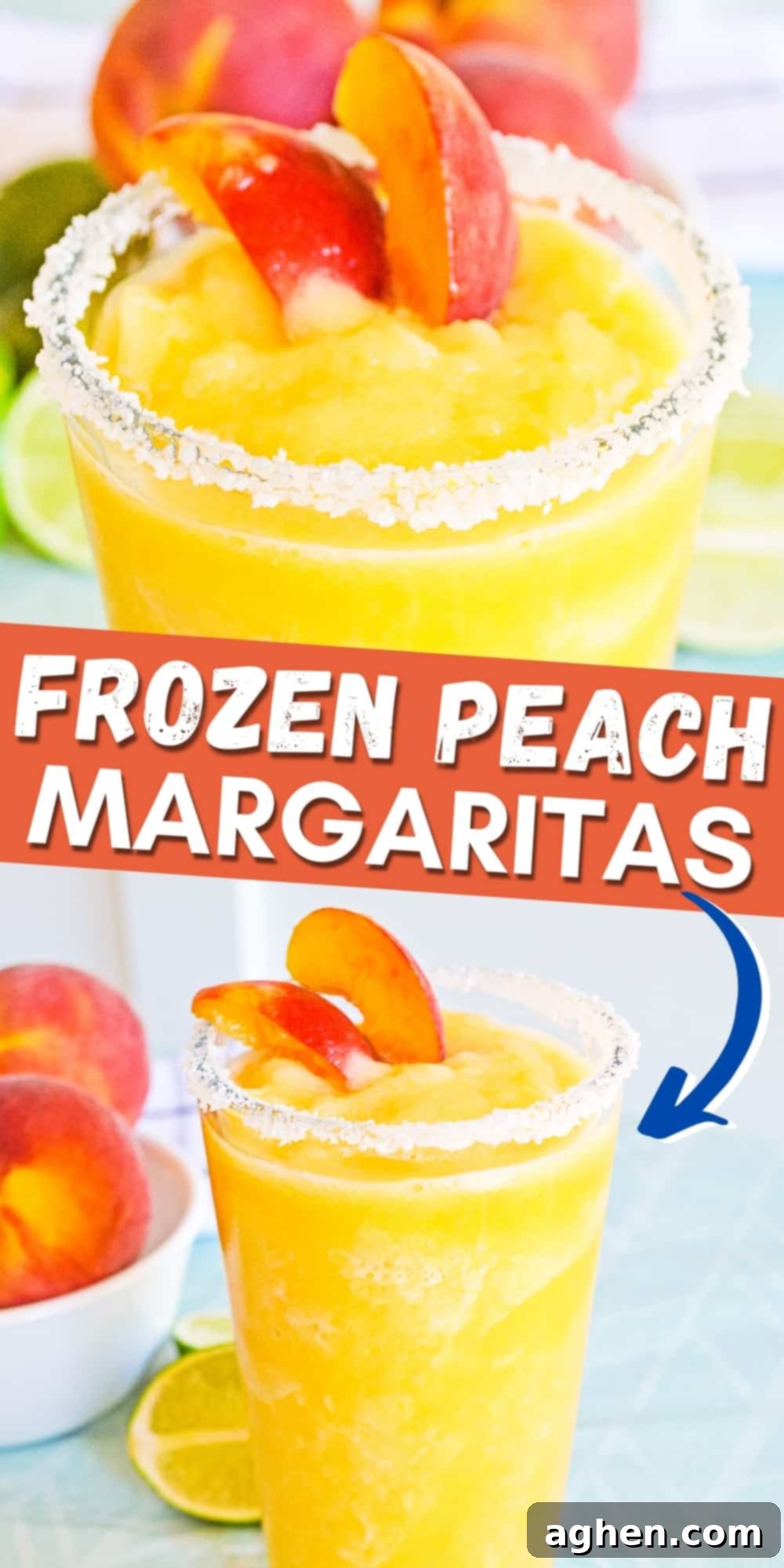 Pinterest Image with text overlay that reads: Frozen Peach Margaritas, sweet, tangy and refreshing summer cocktail.