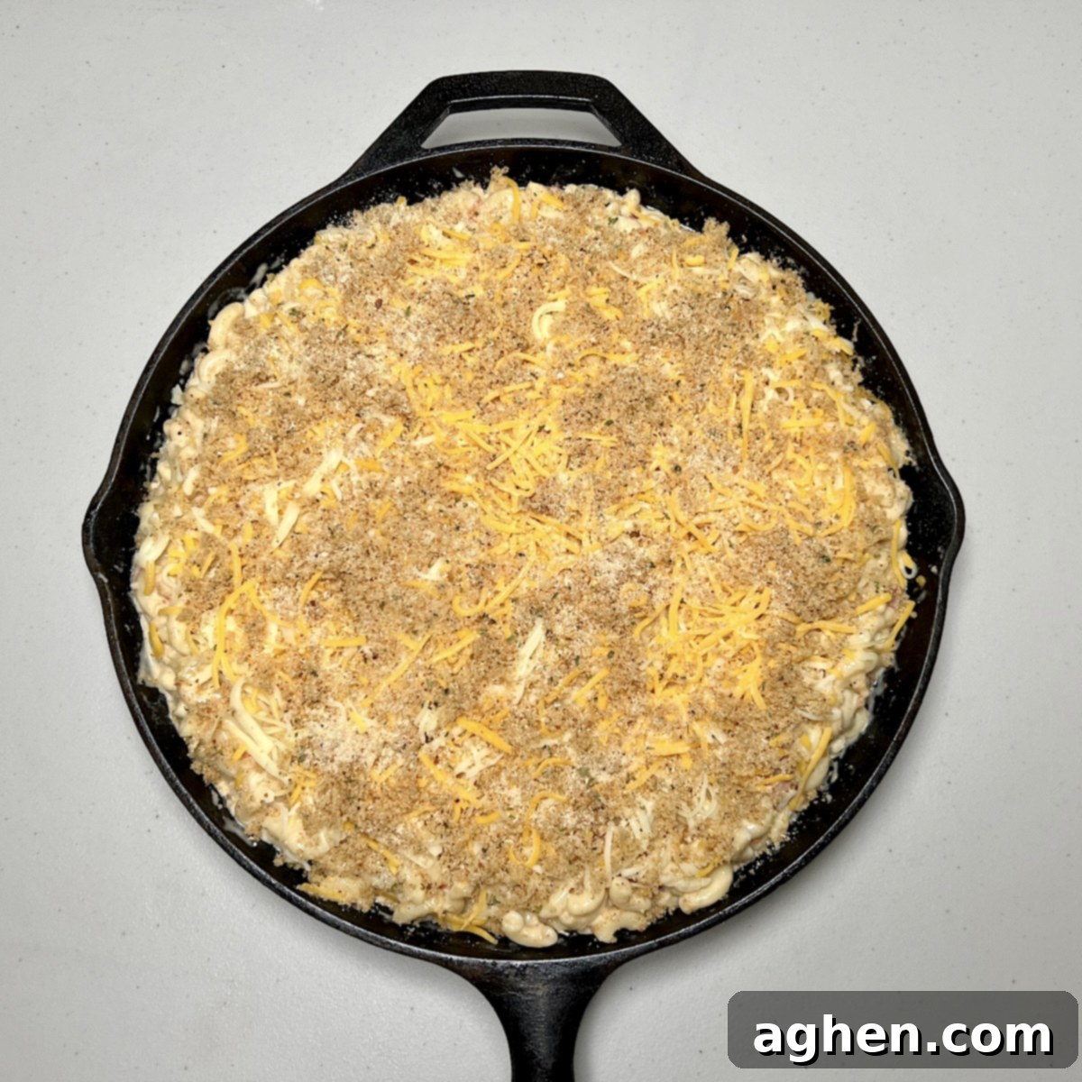 raw mac & cheese in cast iron skillet