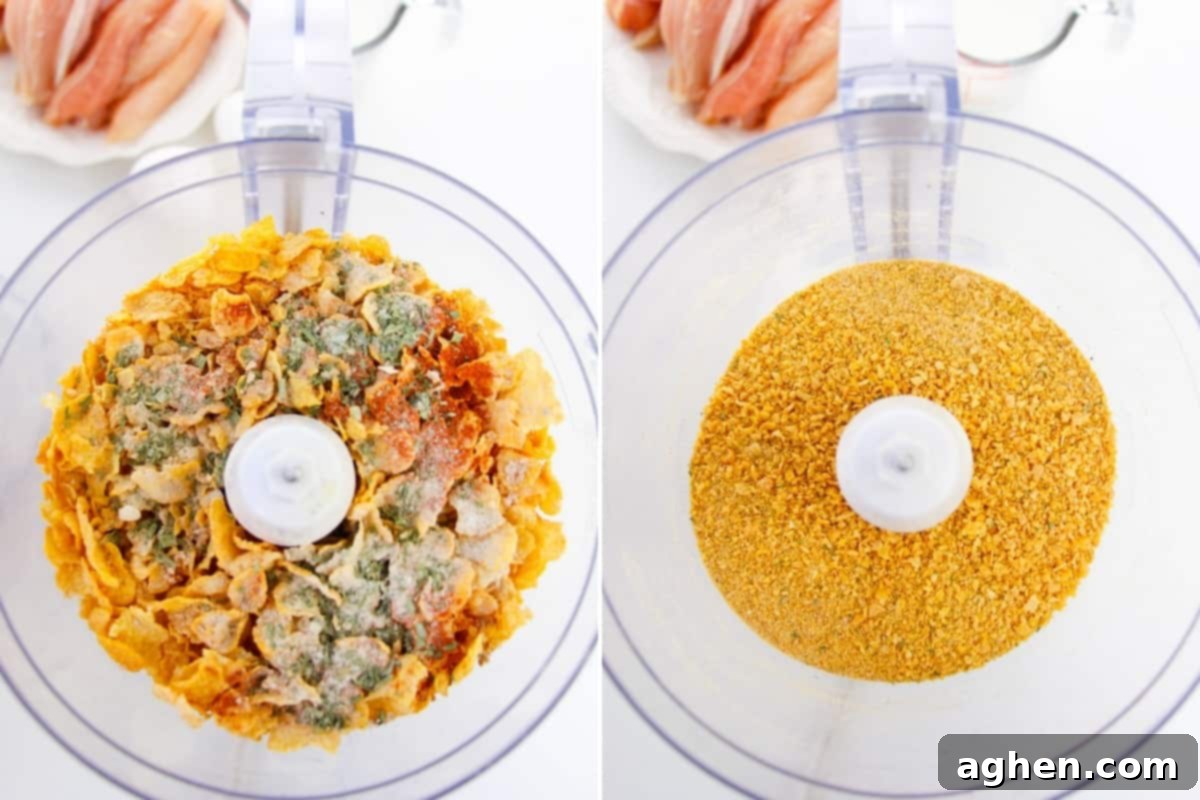 Two-image collage demonstrating the cornflake coating process: on the left, a food processor contains whole cornflakes and spices; on the right, the mixture is coarsely ground into crumbs.