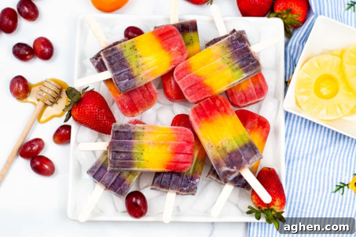 Rainbow popsicles served on white platter and surrounded by fresh fruit and a dribble or honey