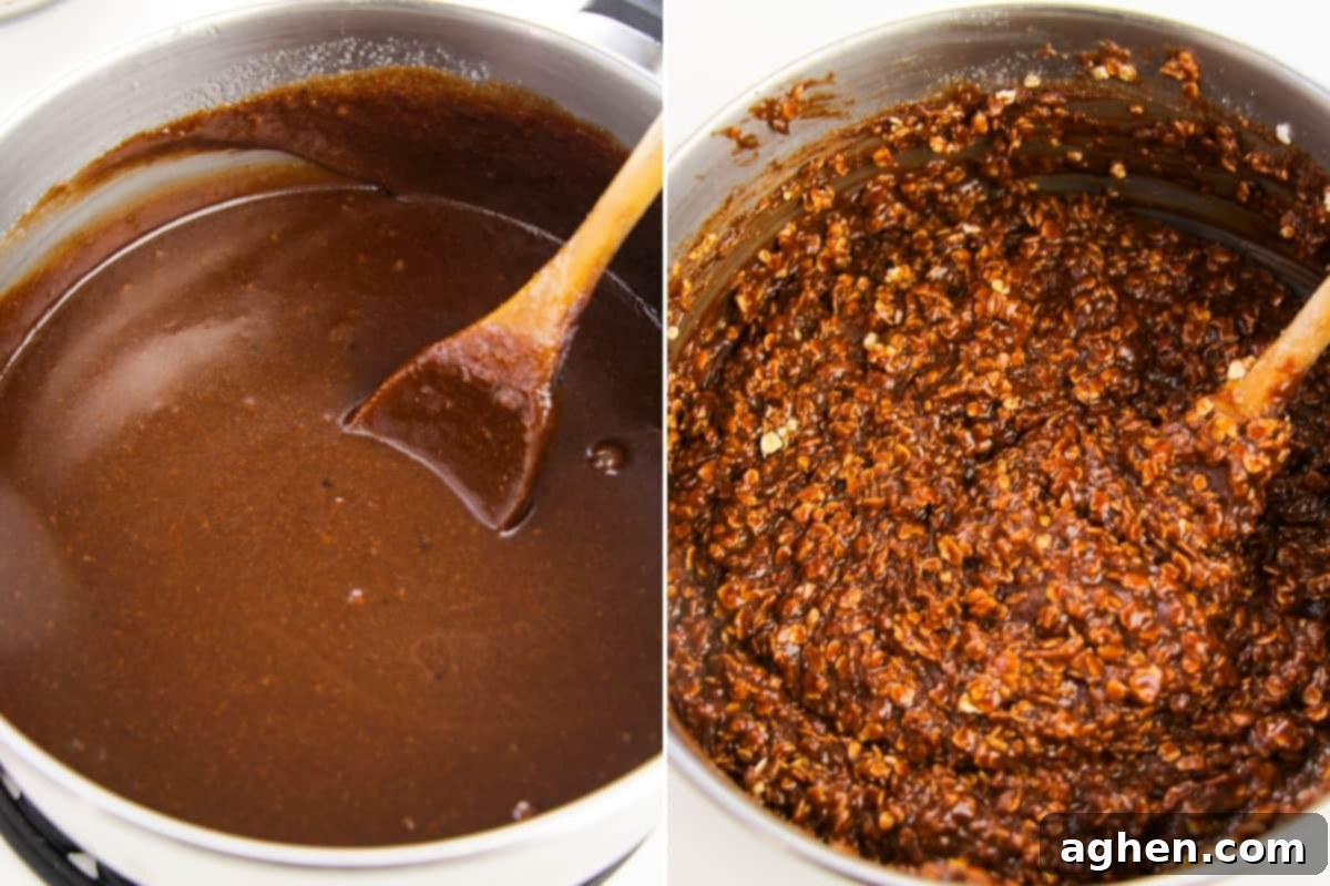 A two-image collage illustrating the process of making no-bake Nutella cookies. The left image shows a saucepan with the melted chocolate mixture before oats are added, while the right image displays the thick, rich chocolate oatmeal cookie dough after all ingredients are combined.