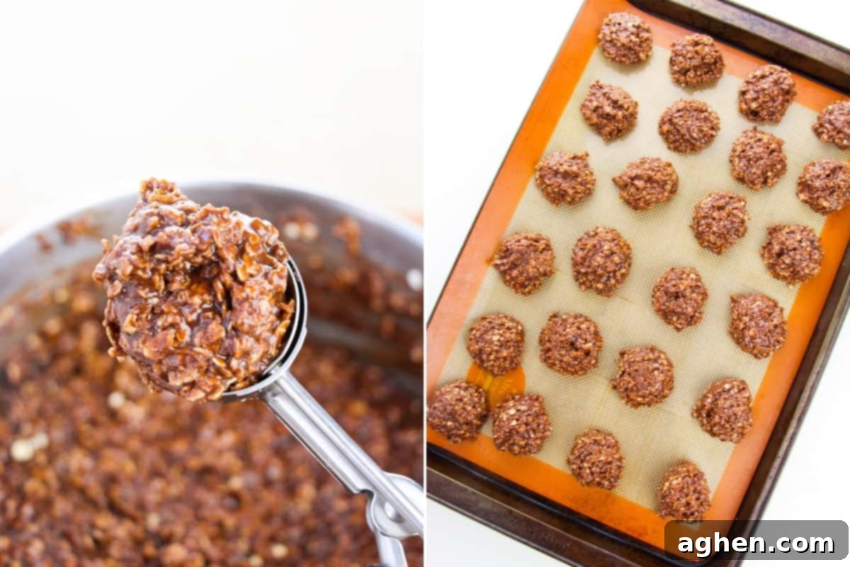 A two-image collage depicting the scooping process for no-bake Nutella oatmeal cookies. The left image shows a cookie dough scoop filled with the mixture, and the right image features tablespoon-sized no-bake cookies neatly arranged on a lined baking sheet, ready to cool.