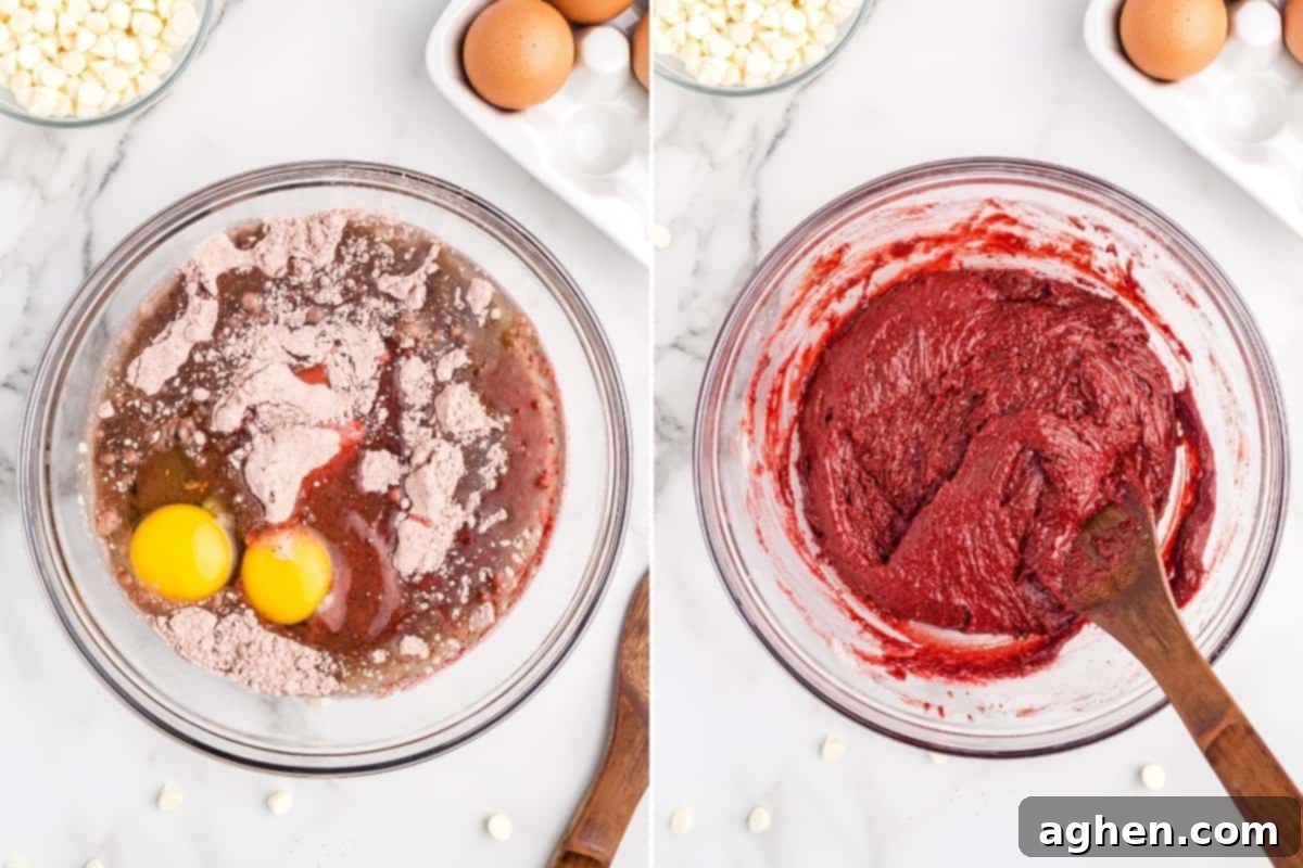 two image collage: on left, glass mixing bowl with red velvet cake mix, vanilla, oil, and eggs unmixed. On right, the bowl is filled with the well-mixed red batter.