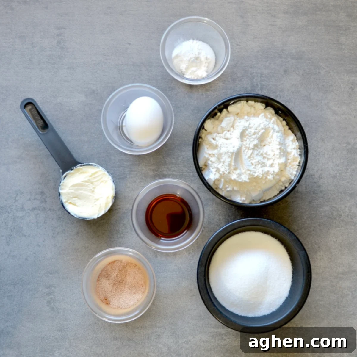 Family-Favorite Weight Watchers Snickerdoodle Bars 3 Organized ingredients for making Weight Watchers Snickerdoodle bars on a clean kitchen counter.