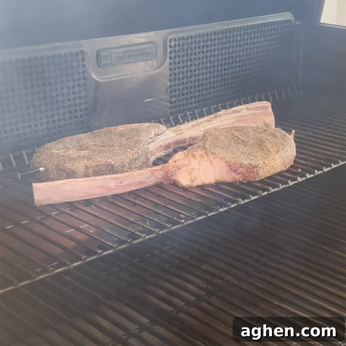 Tomahawk Steaks smoking on the Traeger