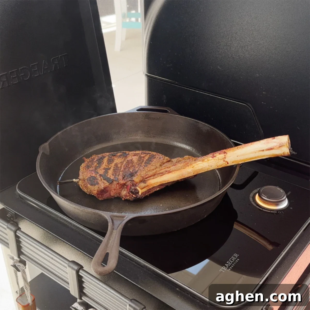Tomahawk Steaks searing in a cast iron skillet