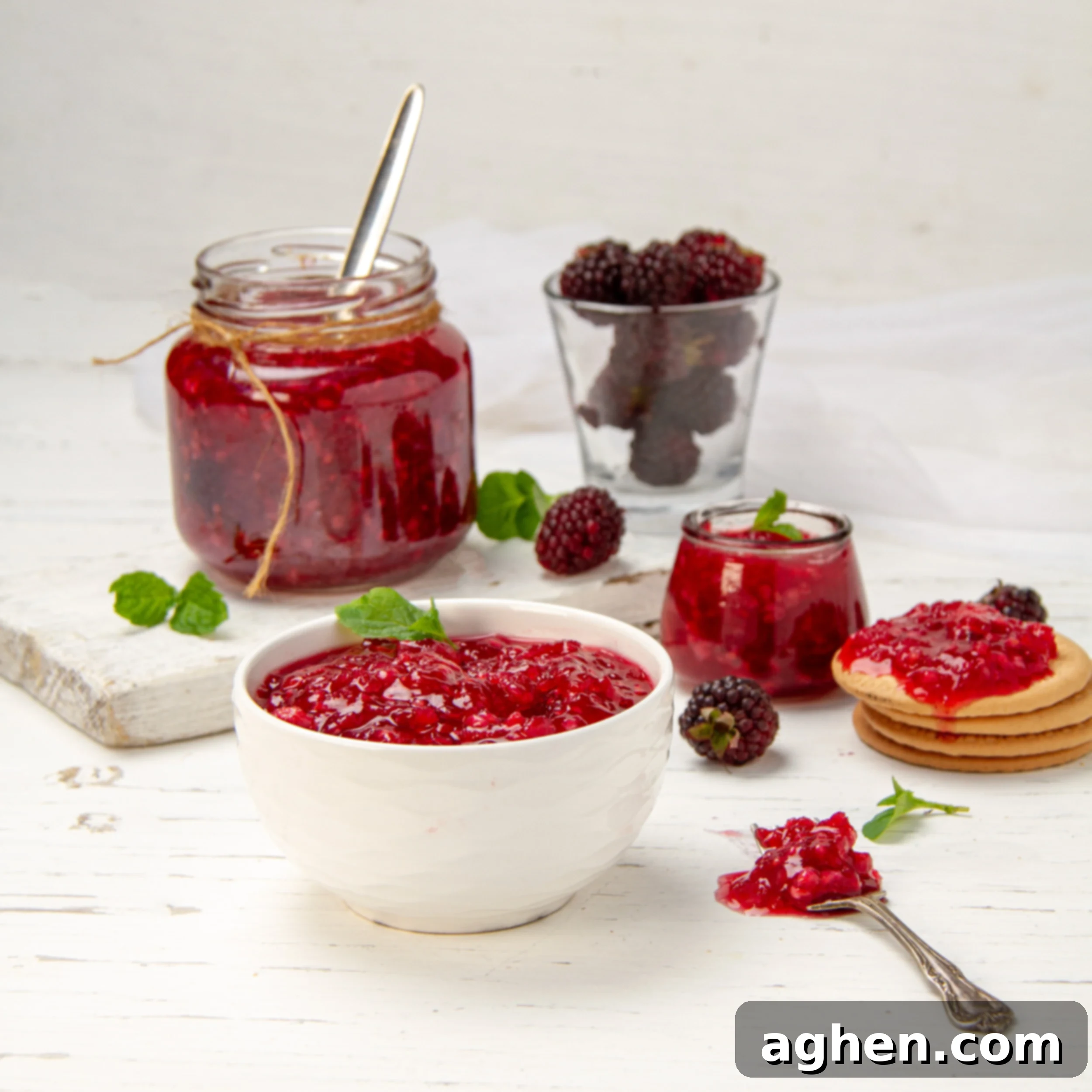 Easy homemade Apple Blackberry Jam in a dish with a spoon. A jar of extra jam is behind, showcasing the rich color and inviting texture of the jam.