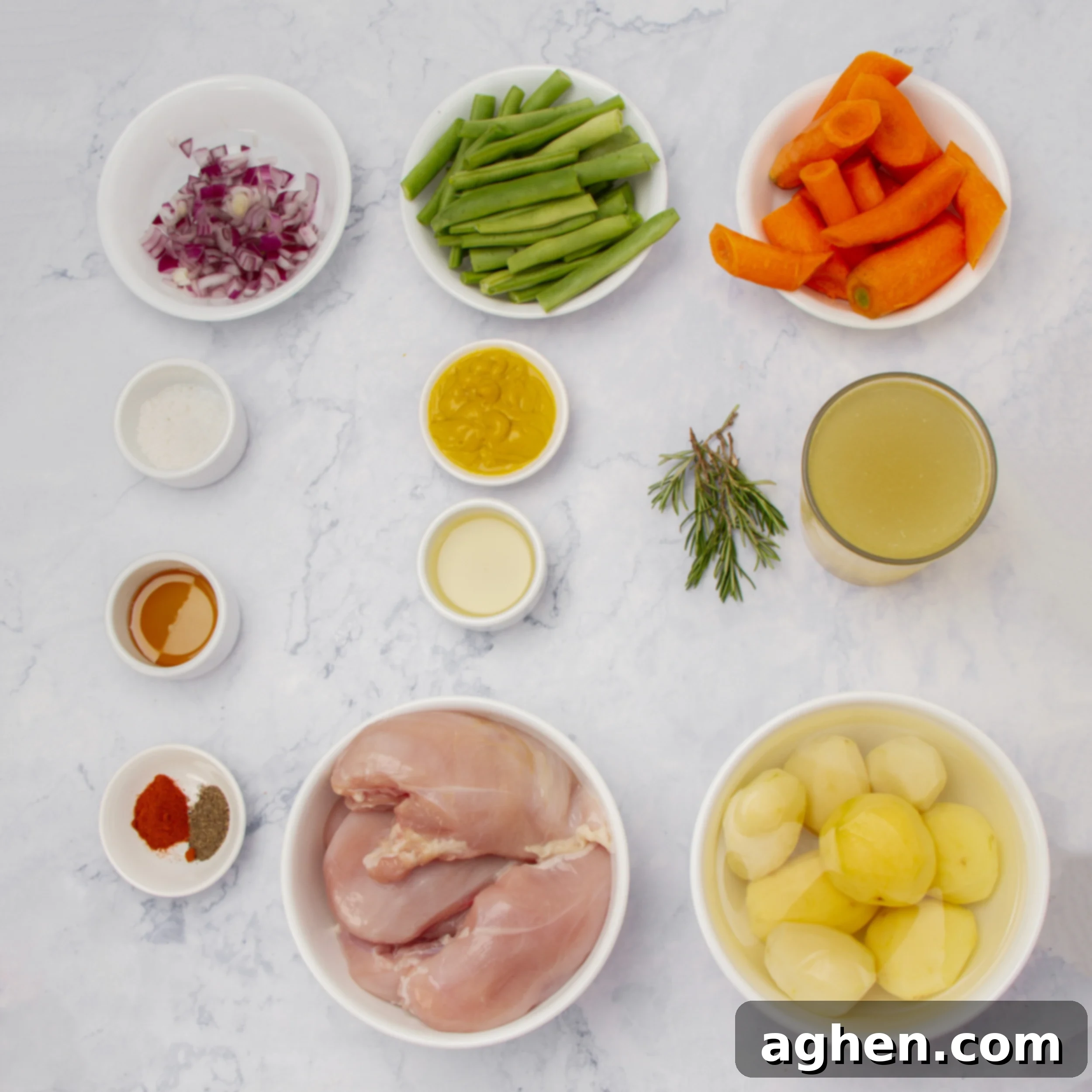 Honey Mustard Chicken ingredients separated into bowls for the sauce and the main dish.